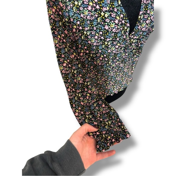 Paper Crane Black with Vibrant Pink and Yellow Floral Long Sleeve Wrap Blouse - Picture 15 of 16